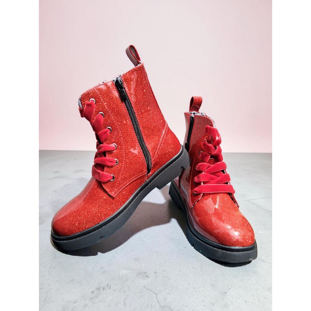 Dadawen Red Glitter Combat Boots - Size 6.5 - Velvet Laces & Side Zip - Cosplay
